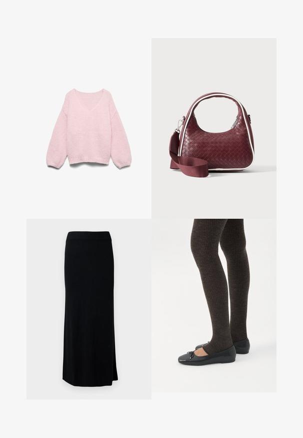 Lyserød strikket sweater med lange ballonærmer og bred, rund halsudskæring, vist fladt på en hvid baggrund.; Sort, lang, strikket nederdel med en sideslids. Har en strækbar talje og en glat tekstur. Enkel, tætsiddende design. Ingen synlige mønstre eller detaljer.; Ben iført mørke ribbede leggings kombineret med sorte balletsko med små sløjfedetaljer på hvid baggrund.; Mørkerød vævet lædertaske med buet hank, hvid kant, sølv lynlås og aftagelig bred stofskulderrem mod en ensfarvet baggrund.