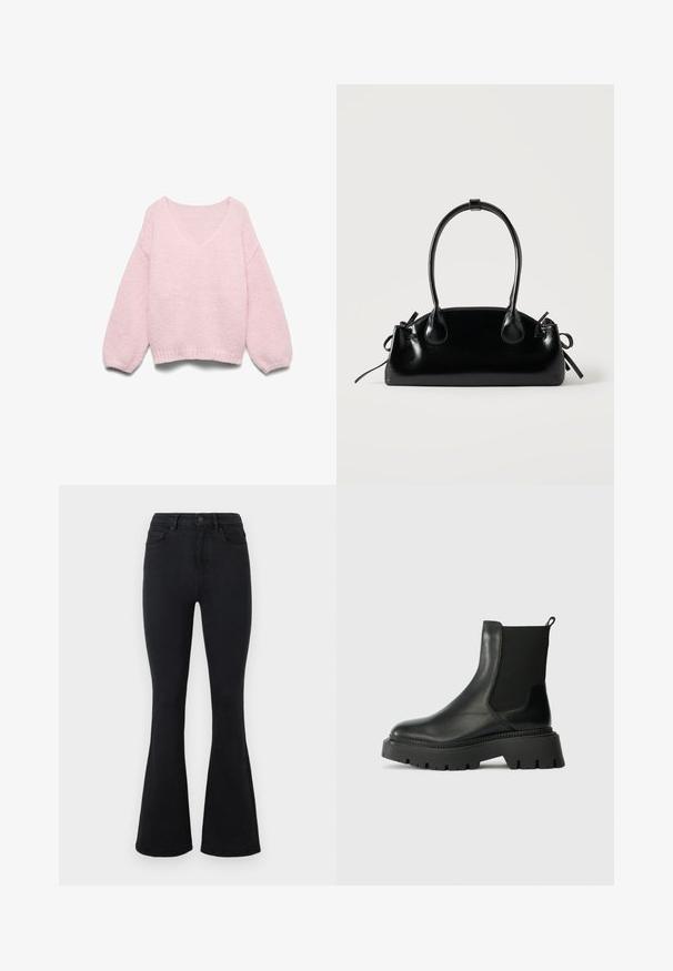 Pull tricoté rose clair avec manches ballons longues et large encolure dégagée, présenté à plat sur un fond blanc.; Jean flare en denim noir à taille haute, avec une fermeture à boutons classique et des détails de couture minimalistes. Texture douce et finition lisse.; Bottine en cuir noir avec panneau latéral élastique, semelle en caoutchouc épaisse et tirant. Présente une finition lisse et des accents nervurés.; Petit sac à main noir brillant avec deux longues anses et des détails à cordon sur les côtés sur un fond clair uni.