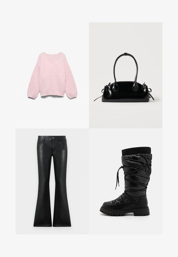 Pull tricoté rose clair avec manches ballons longues et large encolure dégagée, présenté à plat sur un fond blanc.; Pantalon noir évasé en matière lisse et brillante. Dispose d'un design à cinq poches, d'une fermeture à bouton sur le devant, et de coutures contrastées subtiles.; Bottes noires montantes en cuir avec une texture matelassée, dotées d'un laçage, d'un revers côtelé contrastant en haut et d'une semelle épaisse et robuste.; Petit sac à main noir brillant avec deux longues anses et des détails à cordon sur les côtés sur un fond clair uni.