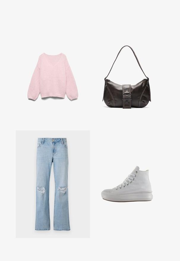 Lyserød strikket sweater med lange ballonærmer og bred, rund halsudskæring, vist fladt på en hvid baggrund.; Lysblå denimjeans med lige ben-design, der har to knærevner, en metalknaplukning og fem lommer.; Hvid højt canvas sneaksko med hvide snørebånd, metaløjer, tyk gummisål og tekstureret tåhætte, vendt mod venstre på en hvid baggrund.; Brun læder skuldertaske med en buet form, der har et fremtrædende spænde, kontrasterende syninger og en enkelt skulderrem.