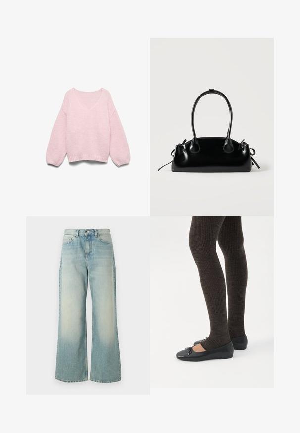Pull tricoté rose clair avec manches ballons longues et large encolure dégagée, présenté à plat sur un fond blanc.; Jeans en denim bleu clair à jambes larges, présentant un délavage, un design classique à cinq poches et une fermeture à bouton à l'avant.; Jambes portant des leggings côtelés foncés associés à des ballerines noires avec de petits détails en nœud sur fond blanc.; Petit sac à main noir brillant avec deux longues anses et des détails à cordon sur les côtés sur un fond clair uni.