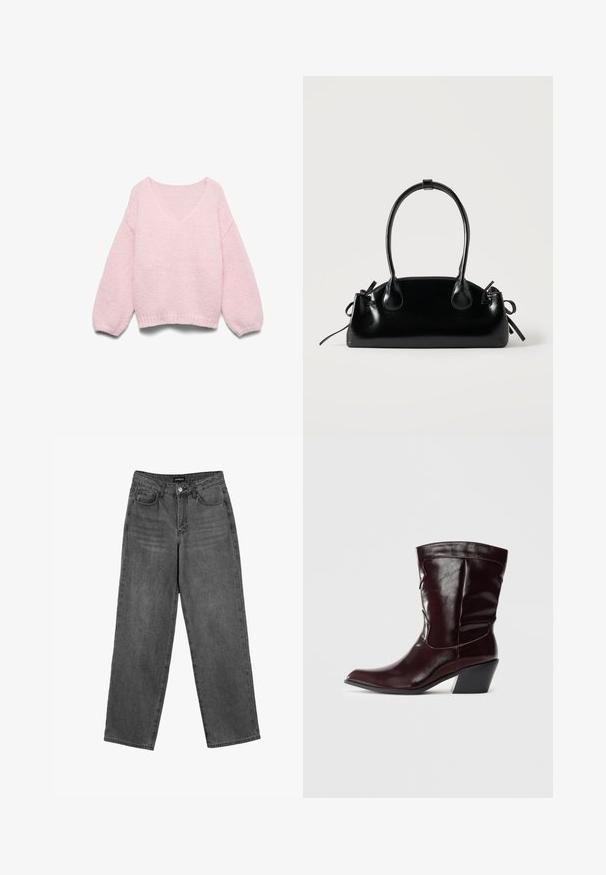 Lichtroze gebreide trui met lange ballonmouwen en een brede ronde hals, plat gelegd op een witte achtergrond.; Zwarte high-waisted straight-leg jeans met een knoop aan de voorkant en zakken, weergegeven op een witte achtergrond.; Bordeaux leren enkellaarsjes met een spitse neus, textuur op het oppervlak en een taps toelopende lage hak. Heeft subtiele stiksels en een strakke pasvorm.; Kleine zwarte glanzende handtas met twee lange hengsels en zijkant trekkoord details op een effen lichte achtergrond.