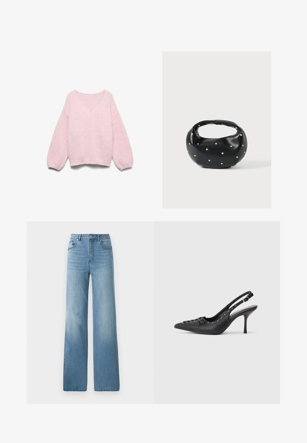 Lyserød strikket sweater med lange ballonærmer og bred, rund halsudskæring, vist fladt på en hvid baggrund.; Lyseblå højtaljede jeans med lige ben. Fremstillet af denim, med fem lommer og knaplukning.; Sorte læder slingback stiletto med spids tå, side spændebånd, nitter langs kanten og dekorativ snøring foran.; Sort læderhåndtaske med en rundet form, dekoreret med sølvnitter, og et kort håndtag. Glat tekstur og lynlåslukning.