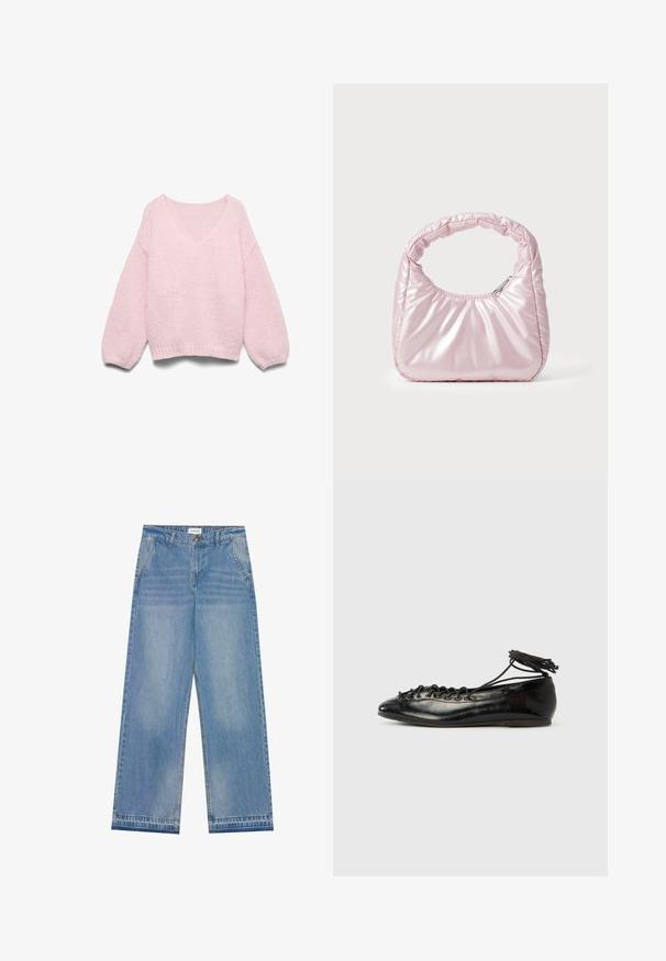 Lyserød strikket sweater med lange ballonærmer og bred, rund halsudskæring, vist fladt på en hvid baggrund.; Lyseblå højtaljede wide-leg jeans med knaplukning, frontlommer, bæltestropper og diskret falmet detaljer.; Sorte balletflade sko i laklæder med rundet tå, snørelukning og flad sål. Glat tekstur med få detaljer.; Rosa, polstret håndtaske med afrundet design, lavet af skinnende materiale. Har et samlet håndtag og en lynlås til sikker adgang.
