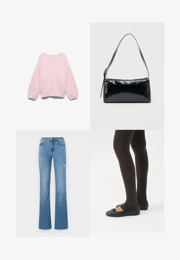 Pull tricoté rose clair avec manches ballons longues et large encolure dégagée, présenté à plat sur un fond blanc.; Jean flare bleu clair en denim, avec une taille haute, cinq poches et de subtils détails déchirés sur les jambes.; Jambes portant des leggings côtelés foncés associés à des ballerines noires avec de petits détails en nœud sur fond blanc.; Sac d'épaule rectangulaire noir avec une sangle réglable unique et une fermeture éclair supérieure sur un fond uni.