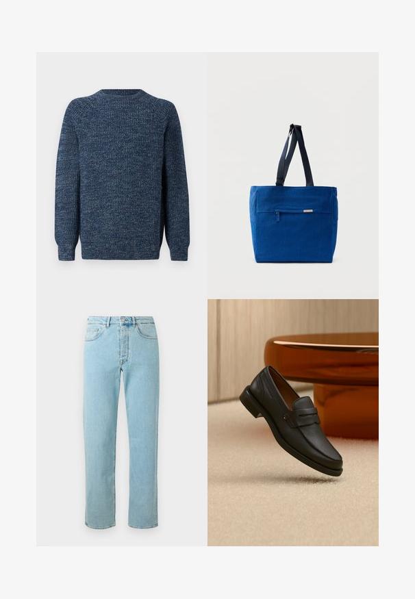 Barbour HORSEFORD CREW - Strickpullover - mallard green; Helle blaue Jeans aus Denim mit geradem Schnitt, fünf Taschen, einem Reißverschluss und einem dezenten Verblassen des Stoffes.; Schwarzer Leder-Herrenloafer mit einem Band über dem Spann, auf beigem Teppich neben einem braunen modernen runden Tisch präsentiert.; Blaue Canvas-Einkaufstasche mit einer vorderen Reißverschlusstasche, doppelten Schulterriemen und rechteckiger Form. Verfügt über ein dezentes Markenlabel.