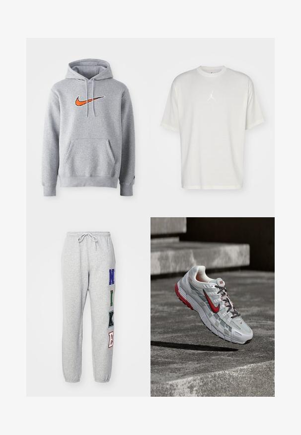 Sudadera gris con capucha hecha de una mezcla de algodón. Presenta un bolsillo canguro y capucha con cordones. Logo de Nike bordado en naranja en el pecho.; Camiseta de algodón blanca con cuello redondo, mangas cortas y un pequeño logo bordado en el centro. Diseño de corte holgado con costuras mínimas.; Nike Sportswear Pantalones deportivos - dk grey heather; Zapatilla de correr Nike blanca y gris con detalles rojos y cordones negros, suspendida sobre escalones de hormigón gris.