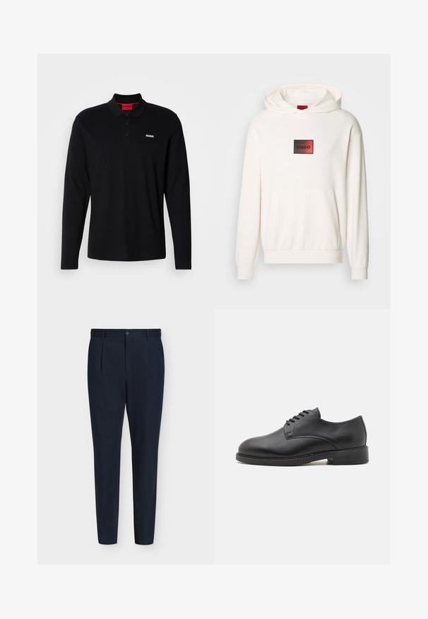 Weißer Kapuzenpullover mit einer vorderen Kängurutasche, ausgestattet mit einem rechteckigen schwarzen Etikett, auf dem "HUGO" in roter Schrift mittig auf der Brust abgebildet ist. Weicher Stoff.; Schwarzes Longsleeve-Polohemd aus Baumwolle mit rotem Kragen und Drei-Knopf-Leiste, ausgestattet mit einem weißen "HUGO"-Logo auf der Brust.; Marineblaue, maßgeschneiderte Slim-Fit-Hose mit vorderen Falten, Knopfverschluss, Gürtelschlaufen und zulaufenden Beinen auf weißem Hintergrund.; Schwarze Leder-Oxfordschuhe mit runder Zehenform, glatter Oberfläche, fünf Ösen für die Schnürung und niedrigem, gestapeltem Absatz.