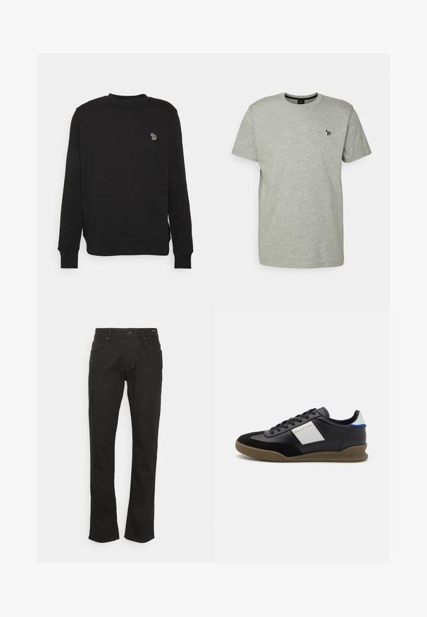 Sort sweatshirt lavet af en blanding af bomuld, med ribbet rund hals, lange ærmer og et broderet elefantlogo på brystet.; PS Paul Smith MENS SLIM FIT ZEBRA - T-shirts basic - grey; JOOP! Jeans MITCH - Jeans Straight Leg - black; Sorte læder- og ruskinds sneakers med en grå panel, brun gummisål og blå detaljer på hælen. Har snørebånd og præget logo.