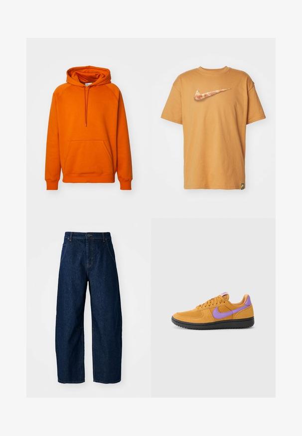 Sudadera naranja con un bolsillo canguro frontal, capucha con cordón y puños acanalados. Fabricada con un tejido suave y de textura lisa.; Nike Sportswear TEE - Camiseta estampada - flax; Vaqueros de mezclilla oscuros de pierna ancha con cintura alta, que cuentan con cinco bolsillos, cierre frontal con botones y detalles de costura visibles.; Zapatillas de ante naranja con acentos morados, que cuentan con un diseño de cordones, puntera redonda y suela de goma negra texturizada.