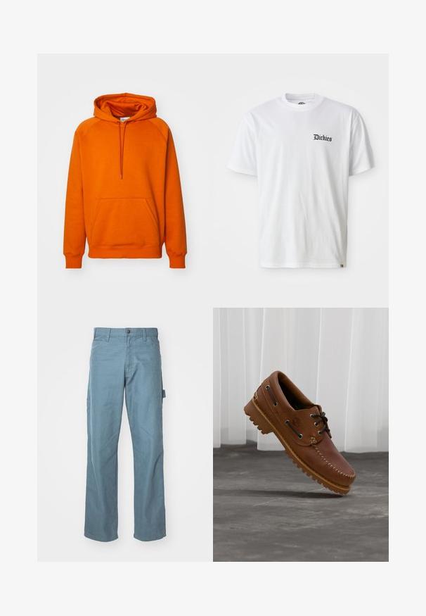 Sudadera naranja con un bolsillo canguro frontal, capucha con cordón y puños acanalados. Fabricada con un tejido suave y de textura lisa.; Camiseta de algodón blanca con mangas cortas y cuello redondo. Presenta el logo negro de "Dickies" impreso en la parte izquierda del pecho.; Pantalones cargo de algodón en azul claro con un diseño de pierna recta, dos bolsillos laterales y un lazo en la cintura para mayor utilidad.; Zapato náutico de cuero marrón con cordones negros, costuras beige y una suela resistente, suspendido sobre un suelo de hormigón gris.