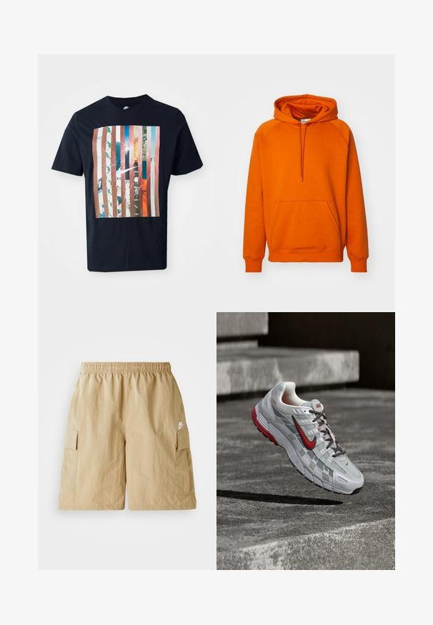 Sudadera naranja con un bolsillo canguro frontal, capucha con cordón y puños acanalados. Fabricada con un tejido suave y de textura lisa.; Camiseta navy con un diseño gráfico que presenta rayas verticales en varios tonos, incorporando imágenes urbanas y un logo de Nike.; Pantalones cortos de cargo beige con cintura elástica, bolsillos delanteros y un pequeño logo de Nike en blanco. Tejido ligero con una textura arrugada.; Zapatilla de correr Nike blanca y gris con detalles rojos y cordones negros, suspendida sobre escalones de hormigón gris.