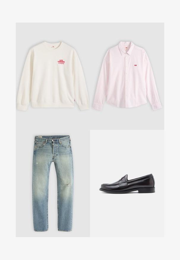 Sweat-shirt blanc à col rond avec texte rouge "Levi Strauss & Company" sur le haut gauche de la poitrine, poignets et ourlet côtelés.; Chemise rose clair à manches longues, boutonnée avec col et étiquette rouge du logo Levi's sur la poitrine gauche, présentée sur un fond uni.; Jean en denim bleu clair avec une coupe droite, cinq poches, fermeture à boutons et petites déchirures sur la cuisse gauche et le genou droit.; Mocassins en cuir marron foncé à finition lisse, talon bas et couture décorative sur le bout. Design classique avec une silhouette arrondie.