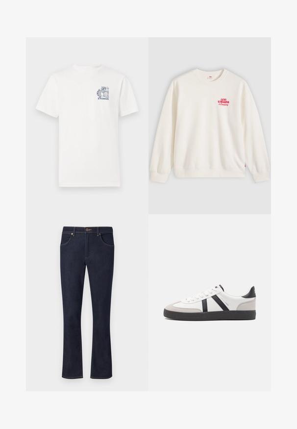 Witte crewneck trui met rode tekst "Levi Strauss & Company" op de linkerborst en geribbelde manchetten en zoom.; Wit T-shirt met korte mouwen van katoen, voorzien van een blauwe graphic op de borst van een wasbeer naast een vuilnisbak en de tekst "STANCE."; Donkerblauwe denim jeans met rechte pijpen, knoopsluiting aan de voorkant, riemlussen en voorzakken op een effen lichte achtergrond.; Witte sneaker met zwarte en grijze accenten, voorzien van een grijze neus met textuur, zwarte rubberen zool en platte witte veters. Schoon ontwerp, minimalistische stijl.