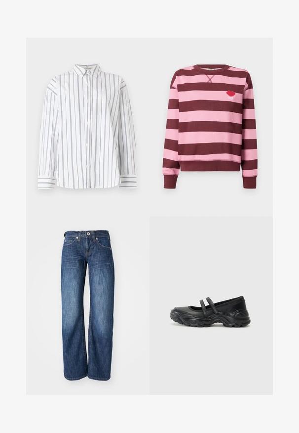 Bordeaux og lyserød stribet sweater med rund hals og ribbede manchetter. Har et broderet rødt læbe-logo med teksten "PARIS STUDIO".; Hvid bomulds skjorte med knapper og lodrette marineblå striber, en klassisk krave og lange ærmer med stribede manchetter. Blød tekstur.; Mørkeblå denim jeans med lige ben-design, der har fem lommer og en knaplukning foran. Diskret falmning langs lårene.; Sorte læder mary jane flade sko med to justerbare remme, en rund tå og en struktureret gummisål for ekstra greb.