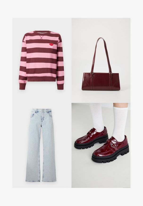 Bordeaux og lyserød stribet sweater med rund hals og ribbede manchetter. Har et broderet rødt læbe-logo med teksten "PARIS STUDIO".; Lyseblå bred ben jeans lavet af denim, med høj talje, bælteholdere, fem lommer og slidte områder for et vintage udseende.; Bordeaux patent læder sko med en kraftig sort sål, dobbelt rem med hjerte detalje og ribbede hvide sokker. Retro design med tykkere greb.; Bordeaux håndtaske lavet af glansfuldt materiale, rektangulær form, med to skulderremme og subtile buede detaljer på forsiden.