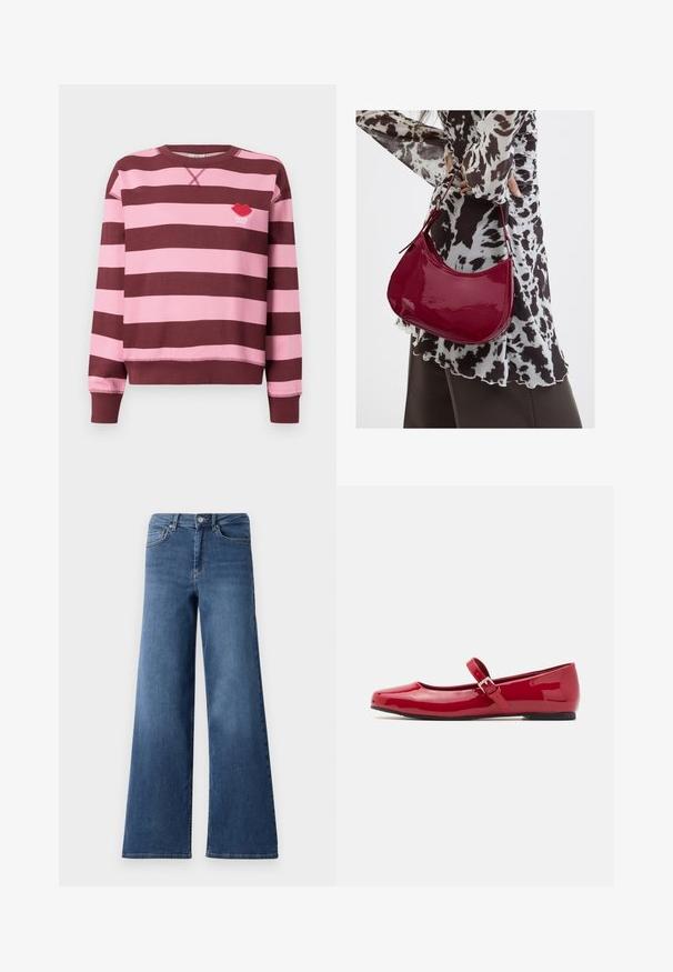 Bordeaux en roze gestreepte trui met een ronde hals en geribbelde manchetten. Voorzien van een geborduurd logo van rode lippen met de tekst "PARIS STUDIO".; Bredere blauwe denim jeans met een standaard tailleband, steekzakken en een gladde textuur. Geen zichtbare patronen of versieringen.; Rode lakleren Mary Jane ballerina's met een vierkante neus, een bucklestrap en een lage zwarte hak. Soepele textuur en glanzende afwerking.; Vrouw met een zwart-wit gebloemde blouse houdt een glanzende rode schoudertas vast tegen een effen achtergrond.