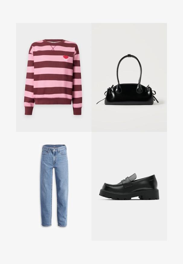 Bordeaux og lyserød stribet sweater med rund hals og ribbede manchetter. Har et broderet rødt læbe-logo med teksten "PARIS STUDIO".; Lys blå jeans lavet af denim, med en afslappet pasform, lige ben, fem-lomme design og flagrende kanter for et uformelt look.; Sorte læder loafers med en chunky tekstureret sål, der har en rem over vamps og en glat, poleret finish.; Lille sort blank håndtaske med to lange håndtag og snøre-detaljer i siden på en ensfarvet lys baggrund.