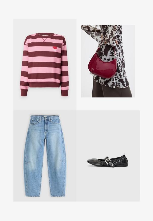 Bordeaux og lyserød stribet sweater med rund hals og ribbede manchetter. Har et broderet rødt læbe-logo med teksten "PARIS STUDIO".; Lyseblå denimjeans med en afslappet pasform, der har høj talje, lige ben og diskrete syninger på frontlommen.; Sorte læder flade sko med spids tå, samling detaljer omkring åbningen, og en sølv spænde accent på den justerbare rem.; Kvinde iført en sort- og hvidmønstret bluse, der holder en blank rød skuldertaske mod en ensfarvet baggrund.