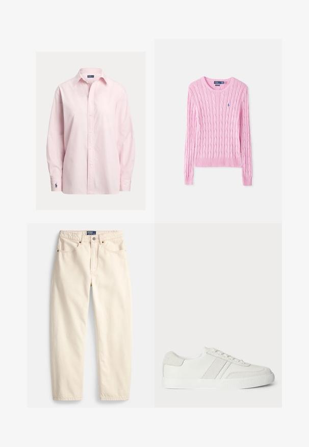 Jersey rosa de punto trenzado con mangas largas, cuello redondo y pequeño logo azul bordado en el pecho.; Camisa rosa claro abotonada hecha de una suave mezcla de algodón, con cuello estándar, mangas largas y un pequeño logo bordado en el puño.; Vaqueros color crema hechos de mezclilla, con un diseño de pierna recta, bolsillos delanteros y detalles de costura superior. Cierre con botón metálico y cremallera.; Zapatilla blanca con parte superior de cuero liso, acentos de ante y cordones planos. Presenta una suela de goma texturizada y un diseño minimalista.