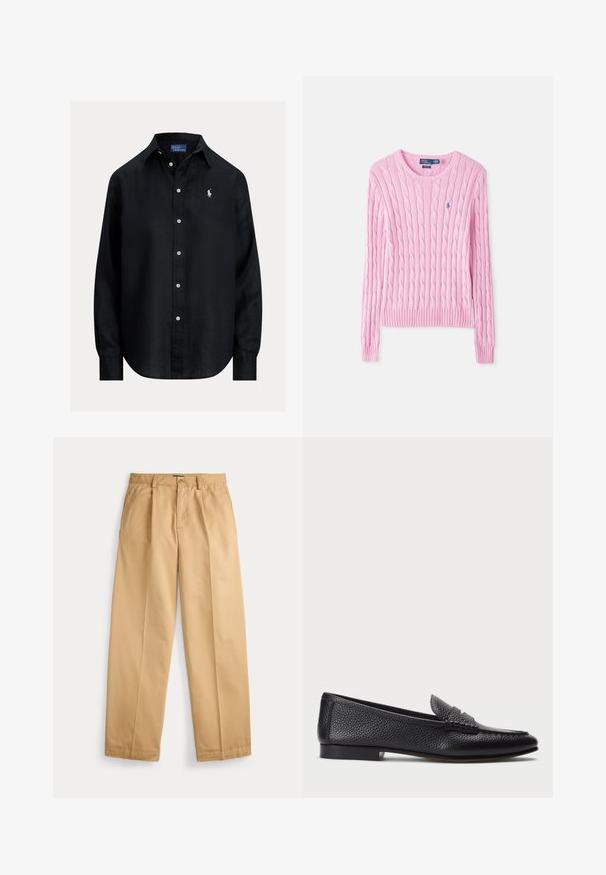 Lyserød kabelstrikket langærmet sweater med rund hals og lille blåt broderet logo på brystet.; Sort skjorte med lange ærmer, knapper, krave, hvide knapper og lille hvid broderet Polo Ralph Lauren-logo på venstre bryst.; Beige bukser med lige ben, lukning med knap og lynlås, forlommer, bæltestropper og pressede folder ned langs benene.; Sorte læder loafers med struktureret finish, der har en dekorativ rem og flad hæl. Slank, minimalistisk design med rund tå.