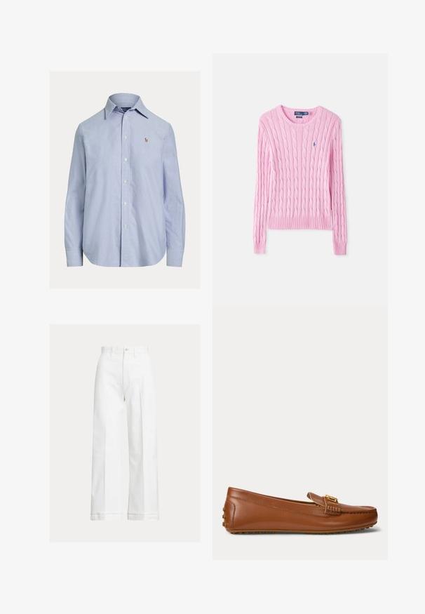 Roze kabelgebreide trui met lange mouwen, ronde hals en klein blauw geborduurd logo op de borst.; Lichtblauw overhemd met lange mouwen en knopen, met puntige kraag en klein geborduurd logo op de linkerborst.; Witte wijde broek van katoen, met een hoge taille, knoopsluiting en subtiele plooi lijnen aan de voorkant.; Bruine leren loafer met een gouden gespdetail, rubberen zool met gripnoppen op de hak en onderkant.
