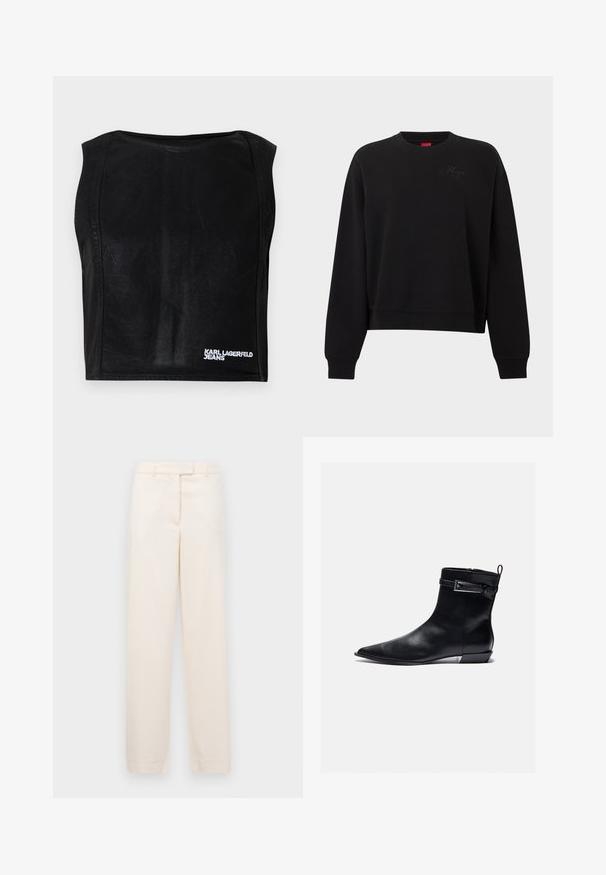 Sort langærmet sweatshirt med rund hals, ribstrikkede manchetter og kant, med subtilt prægede "Hugo"-logo på brystet.; Sort ærmeløs kort top med bådudskæring og hvid "KARL LAGERFELD JEANS" logo nederst til højre.; Beige bukser med lige ben design, lavet af et glat stof. Har en talje med bæltestropper og en frontlynlås.; Sort læder ankelstøvle med spids tå, flad hæl og lynlås i siden. Har en spændeaccent på manchetten for ekstra detalje. Glat tekstur.