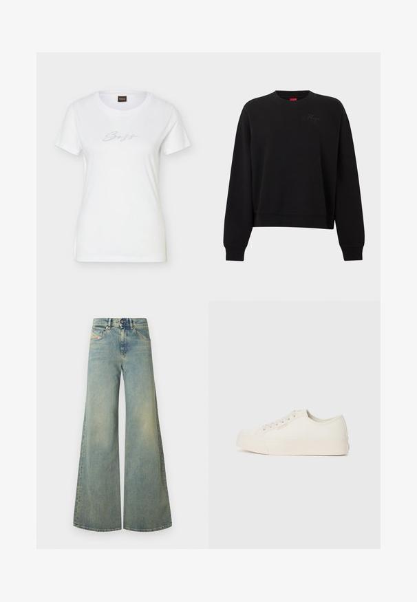 Sweat-shirt noir à manches longues avec col rond, poignets et ourlet côtelés, comportant un logo "Hugo" embossé subtil sur la poitrine.; T-shirt blanc ajusté à manches courtes avec encolure ronde et logo "Boss" en strass centré sur la poitrine.; Jeans larges bleu clair à taille haute, avec un design classique à cinq poches et un léger délavage. Texture en denim, finition unie.; Baskets en toile écrue, avec un design basse, bout rond et semelle en caoutchouc plate avec des détails de couture subtils.