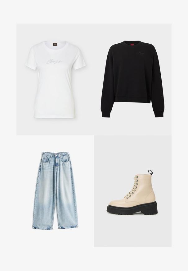 Sweat-shirt noir à manches longues avec col rond, poignets et ourlet côtelés, comportant un logo "Hugo" embossé subtil sur la poitrine.; T-shirt blanc ajusté à manches courtes avec encolure ronde et logo "Boss" en strass centré sur la poitrine.; Jean large en denim bleu clair, avec une taille haute, deux poches avant et des finitions brut au niveau des jambes.; Bottines beiges avec une semelle noire épaisse et un laçage à œillets, dotées d'une languette à l'arrière et d'un logo sur le côté.