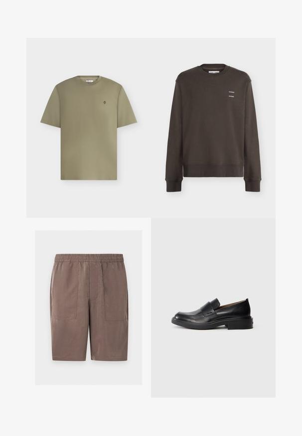 Sweat-shirt col rond marron foncé avec poignets et ourlet côtelés, avec un petit texte blanc "SAMSØE" imprimé deux fois sur le côté gauche de la poitrine.; T-shirt uni vert olive à manches courtes avec col rond et petit logo circulaire sur la poitrine gauche, sur fond neutre.; Shorts marron longueur genoux avec une taille élastique et deux grandes poches plaquées à l'avant, posés à plat sur un fond blanc.; Chaussure habillée noire en cuir, à enfiler, avec un petit talon et un logo Calvin Klein discret sur le côté, présentée de profil sur un fond blanc.