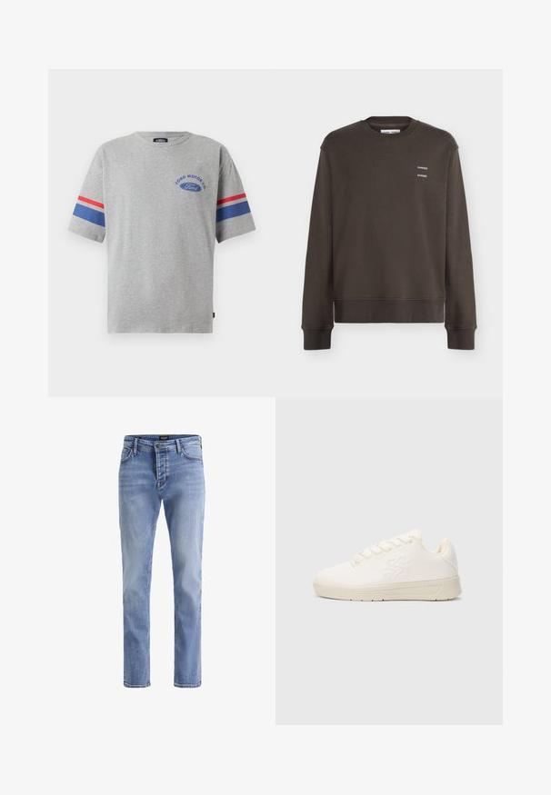Mørkebrun crewneck-sweatshirt med ribkant på ærmer og bund, med lille hvid "SAMSØE" tekst trykt to gange på venstre bryst.; Grå bomulds t-shirt med korte ærmer, prydet med blå og røde striber på ærmerne og "Ford Motor Co" logo i blå på brystet.; Lyseblå denimjeans med rette ben, frontknap, lynlås og fem-lomme design, lavet af Jack & Jones.; Hvid syntetisk sneakers med en glat overflade, rund tå, snørebåndsdesign og et prægede logo på siden. Flad gummisål.