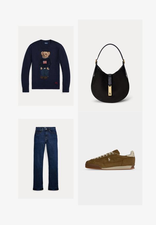 Pull en maille bleu marine avec un ours en peluche portant un jean et un pull noir avec le drapeau américain, initiales rouges "RL" sur l'ourlet inférieur.; Jean droit en denim bleu foncé avec bouton et fermeture éclair à l'avant, design à cinq poches et coutures visibles.; Baskets en daim marron avec lacets crème, semelle épaisse et petit logo blanc brodé sur le côté.; Sac à main croissant en daim noir avec une seule bandoulière noire et un fermoir doré avec un logo de joueur de polo.