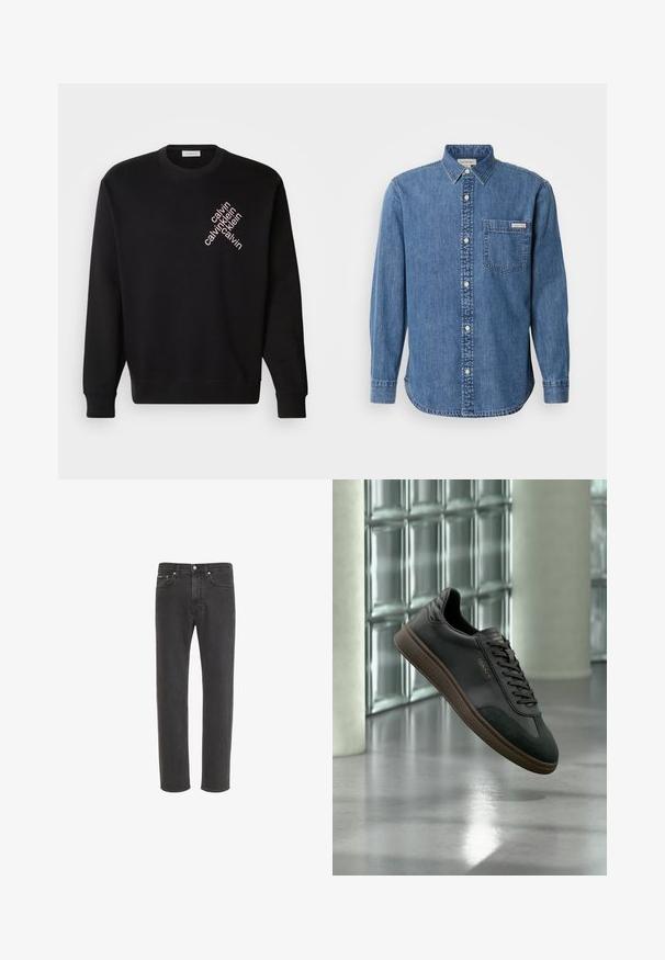 Sweatshirt noir en coton, avec un col rond et des manches longues. Logo en texte diagonal rose clair bien visible à l'avant.; Chemise en denim bleu moyen avec un col à bouton, des manches longues, une poche avant et des boutons blancs. Présente un ourlet légèrement courbé.; Jean en denim noir à coupe droite avec fermeture avant par bouton et zip, poches avant et arrière, présenté sur fond blanc.; Baskets en cuir noir avec semelle marron et logo « GANT », flottant à l'intérieur d'une pièce moderne avec fenêtres en blocs de verre et sol poli.