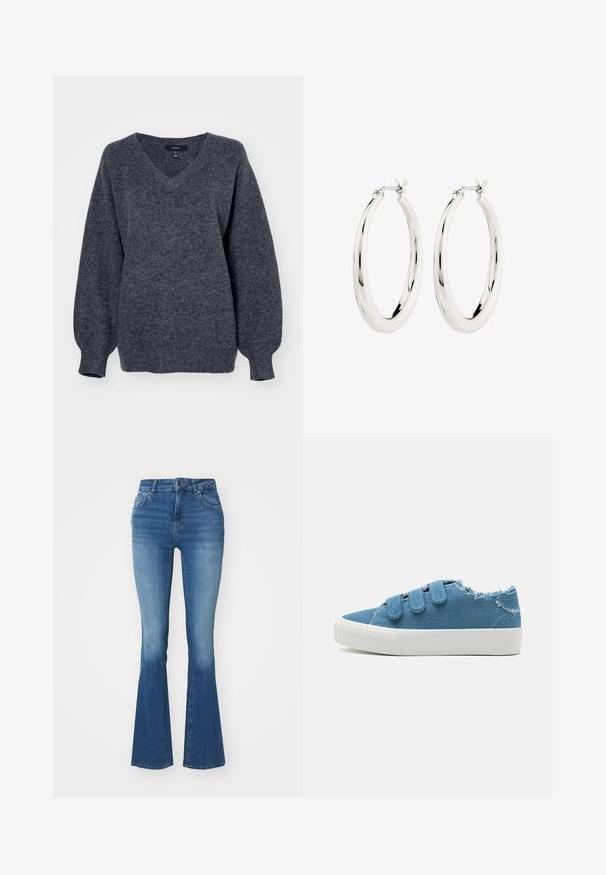 Grijze v-hals trui gemaakt van zacht, textuur gebreid materiaal. Heeft lange, licht poffende mouwen en een ontspannen pasvorm.; Hoge taille flare jeans in lichtblauwe denim, voorzien van een gladde textuur, een rits met een knoop en twee Franse zakken.; Blauwe denim sneakers met drie klittenbandsluitingen, versleten randen en een witte rubberen zool. Gladde textuur, casual ontwerp, lage profielvorm.; Zilveren oorbellen in de vorm van een gladde, glanzende ring. Circulaire vorm, voorzien van een veilige sluiting. Eenvoudig en elegant ontwerp.
