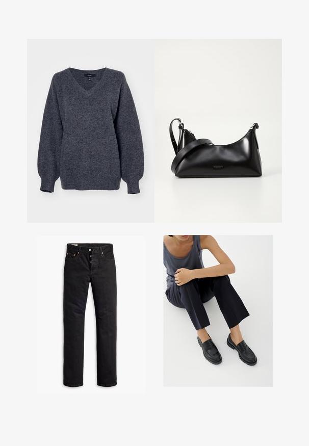 Grauer V-Ausschnitt-Pullover aus weichem, strukturiertem Strickmaterial. Verfügt über lange, leicht gepuffte Ärmel und eine lockere Passform.; Schwarze Denim-Jeans mit geradem Schnitt, Fünf-Taschen-Design und Knopfverschluss. Mit Kupfennieten und Nähtelementen.; Schwarze Leder-Loafer mit strukturierten Akzenten, niedrigem Absatz, rundem Zehenbereich und sichtbarer Naht. Das Modell trägt dunkle Hosen und ein graues Oberteil.; Schwarze lederne Handtasche mit glatter Textur. Verfügt über einen verstellbaren Riemen und ein elegantes, minimalistisches Design mit einem Reißverschluss.