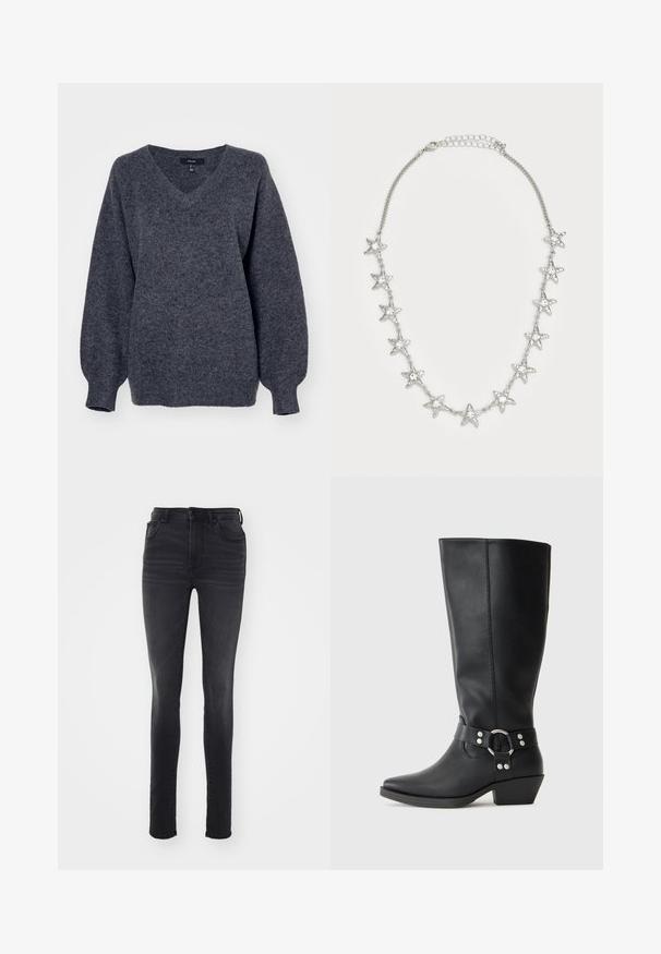 Grå v-hals sweater lavet af blødt, struktureret strikmateriale. Har lange, let puffede ærmer og en afslappet pasform.; Slankt fit sorte jeans lavet af denim, med høj talje, fem-lomme design, subtil falmning og lige silhuet.; Sorte læderknæhøje støvler med spids tå, der har en dekorativ ankelrem og sølvfarvede hardware-detaljer. Lav stablet hæl.; Sølv kæderekæde med elleve stjerneformede charms, hver med en klar central ædelsten, og en justerbar lås.