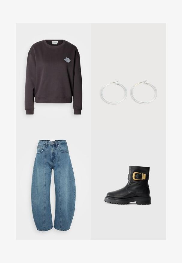 Mørkegrå sweatshirt med rund halsudskæring og lange ærmer, med et diskret broderet læbedesign på venstre bryst. Blød tekstur.; Lyseblå højaldene jeans lavet af denim, med bred benklip, fem lommer og syningsdetaljer. Glat tekstur med et rent finish.; Sort læder ankelstøvle med kraftig sål og bred rem med en stor guldbuckle på siden, mod en ensfarvet hvid baggrund.; Par skinnende sølvøreringe med tynde trådlåse, vist på en lys grå baggrund.