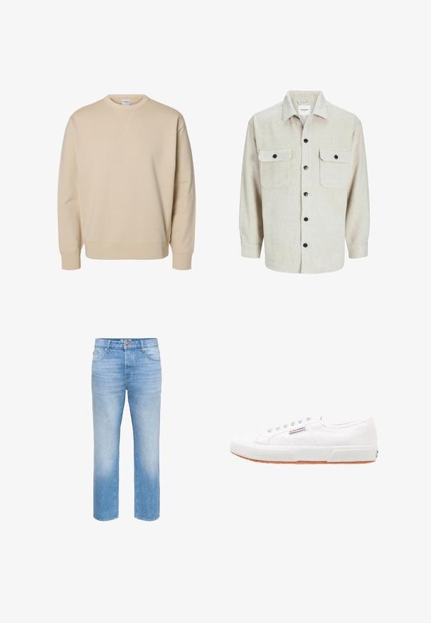 Sweat-shirt beige à col rond, manches longues, poignets et ourlet côtelés, avec un petit détail en V cousu sous le col.; Chemise en flanelle beige avec un col, dotée de deux poches poitrine, de boutons noirs et de manches longues avec des poignets à bouton.; Jean en denim bleu clair avec une coupe droite, un design à cinq poches et une fermeture à bouton sur le devant, présentant une légère décoloration de la couleur.; Baskets en toile blanches avec une semelle en caoutchouc, design à lacets et une petite étiquette logo sur le côté. Tige blanche texturée et semelle extérieure marron.