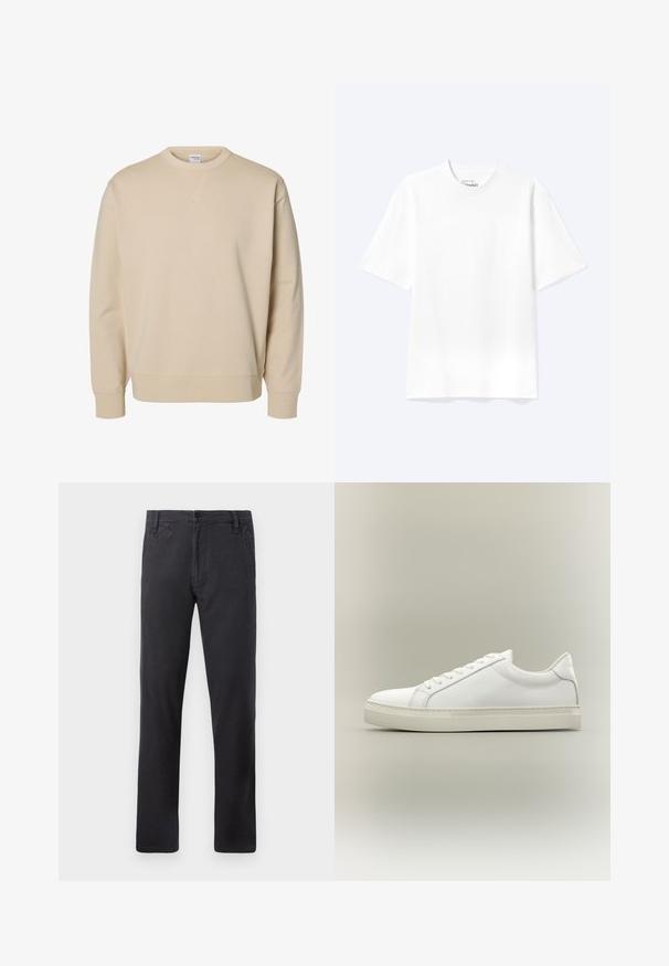 Sweat-shirt beige à col rond, manches longues, poignets et ourlet côtelés, avec un petit détail en V cousu sous le col.; T-shirt blanc uni à manches courtes et col rond avec une coupe décontractée, présenté sur un fond clair.; Pantalons noirs à jambe droite avec poches latérales, fermeture à bouton sur le devant et passants de ceinture sur fond blanc.; Baskets blanches basses à lacets sur l’avant et semelle épaisse, vues de côté sur un fond neutre.