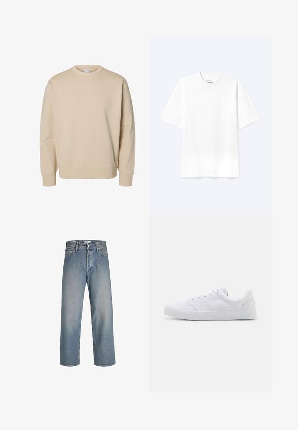 Sweat-shirt beige à col rond, manches longues, poignets et ourlet côtelés, avec un petit détail en V cousu sous le col.; T-shirt blanc uni à manches courtes et col rond avec une coupe décontractée, présenté sur un fond clair.; Jean en denim bleu clair avec une coupe ample, taille haute et jambes droites. Dispose de poches avant et d'une fermeture à bouton en métal.; Baskets en toile blanches avec une semelle en caoutchouc, dotées de six œillets, d'un embout texturé et d'un design minimaliste.