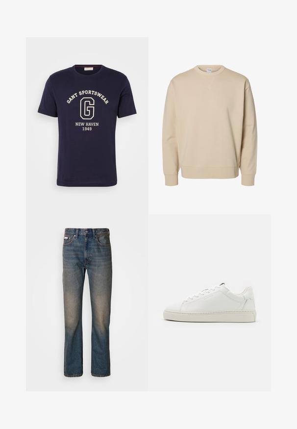Beige sweater met ronde hals, lange mouwen, geribde boorden en zoom, en een klein gestikt V-detail onder de kraag.; Marineblauw katoenen T-shirt met een witte opdruk van "GANT SPORTSWEAR," "NEW HAVEN," en "1949." Ronde halslijn en korte mouwen.; Hoge taille blauwe spijkerbroek van denim, met een rechte pijpontwerp, vervaagde versleten plekken en traditionele vijf-pocket styling.; GANT MC JULIEN - Sneakers laag - white