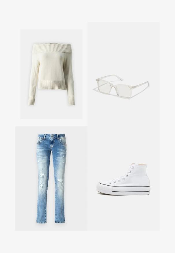 Noisy May NMLIMA OFF SHOULDER - Pullover - oatmeal; Jeans en denim bleu clair avec une coupe décontractée, présentant des détails usés, une braguette à boutons avec deux boutons et des jambes droites.; Baskets montantes blanches en toile, semelle en caoutchouc noir et bande noire contrastante sur la semelle intermédiaire. Bout rond et design à lacets.; Lunettes carrées en plastique transparent avec des verres translucides, dotées d'accents dorés sur les branches pour plus de détails.