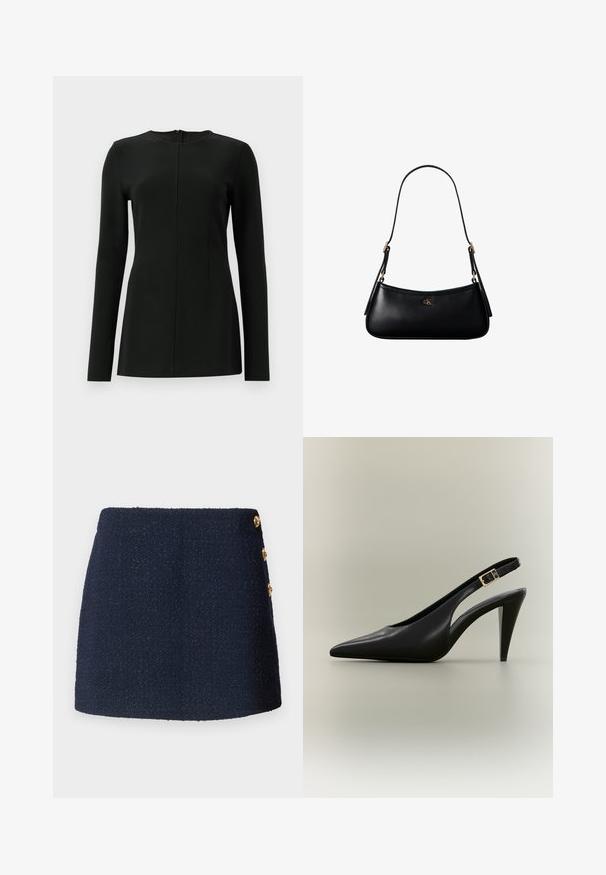 Top negro de manga larga con cuello alto, detalle de costura en la parte delantera y cierre de cremallera en la parte posterior. Fabricado con una tela suave y elástica.; Falda mini de textura azul marino con tres botones decorativos dorados en el lateral.; Zapato de tacón alto tipo slingback de cuero negro con punta puntiaguda, hebilla dorada y tacón afilado sobre un fondo neutro.; Mini bolso negro de cuero para hombro con correa delgada y pequeño logo dorado CK en el centro frontal.