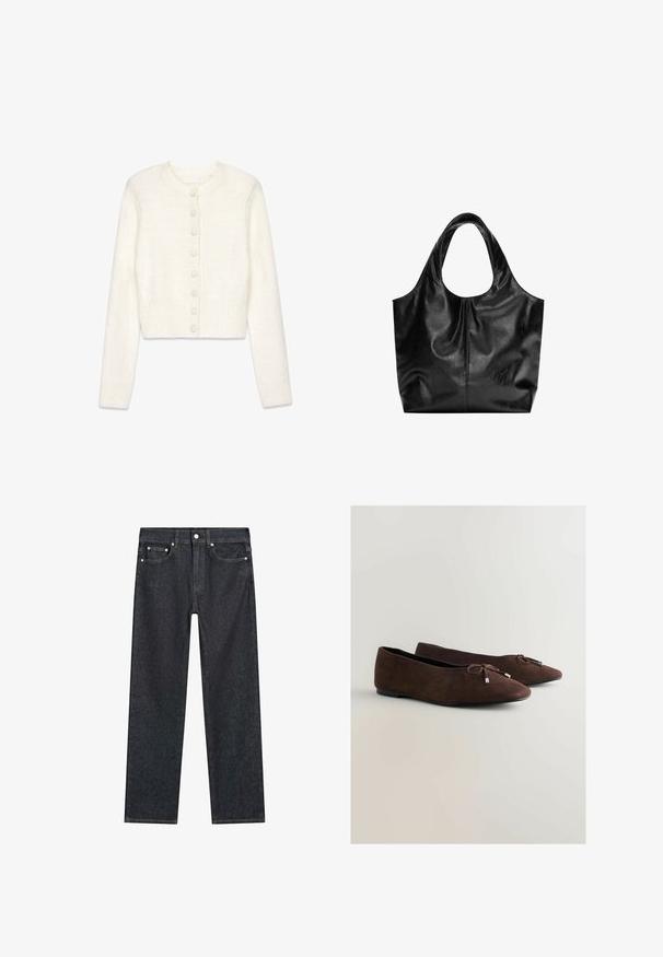 Hvid cropped cardigan lavet af et blødt strikstof. Har rund halsudskæring, lange ærmer og seks matchende knapper ned foran.; Mørkeblå lige ben jeans med fem lommer, metalnitter og en knaplukning i taljen.; Brune balletflade sko i ruskind med en spids tå og en sløjfedetalje foran. Sålen er sort, hvilket skaber kontrast til det øverste materiale.; Sort læder tote taske med en glat overflade, en blød, afrundet top og brede håndtag. Har minimal syning og en afslappet silhuet.