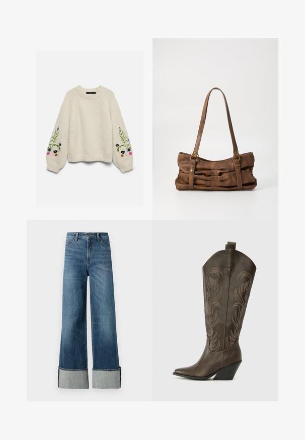Jersey de punto color crema con mangas largas abullonadas que presentan diseños florales bordados en colores cerca de los puños.; Lee STELLA - Pernera ancha - richter; Bota de vaquero de cuero marrón con puntera afilada, tacón en cuña y bordado decorativo. Presenta un caña alta y una lengüeta de agarre.; Even&Odd Bolso de mano - brown