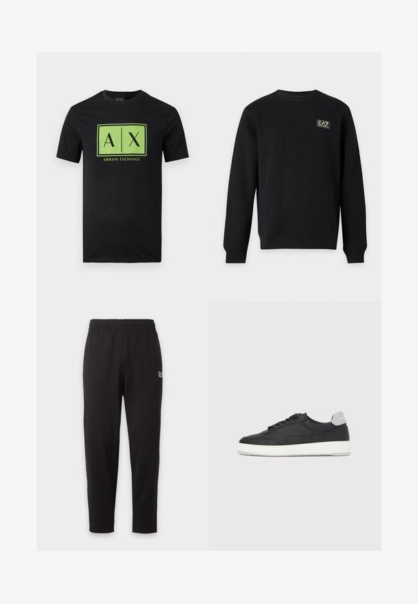Sweat-shirt noir à manches longues avec col rond et petit logo blanc EA7 Emporio Armani sur la partie supérieure gauche de la poitrine.; T-shirt noir à manches courtes avec un logo rectangulaire vert comportant les textes "A|X" et "Armani Exchange" centrés sur le devant.; Pantalon de survêtement noir à taille élastique, jambes fuselées, avec un petit logo blanc sur la partie supérieure de la cuisse gauche.; Baskets basses noires avec semelle blanche et languette grise au talon, vue de profil sur un fond blanc uni.