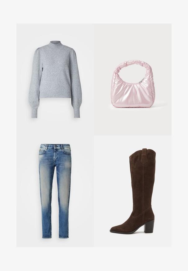 Pull en maille gris clair avec un col haut, de longues manches bouffantes et des poignets et un ourlet côtelés. Fait d'un tissu doux et texturé.; Jean skinny bleu délavé avec poches avant, passants de ceinture et fermeture à bouton, présentés sur un fond blanc uni.; Anna Field LEATHER - Bottes à talons hauts - brown; Sac à main rose rembourré avec un design arrondi, fabriqué à partir d'un matériau brillant. Dispose d'une poignée froncée et d'une fermeture éclair pour un accès sécurisé.