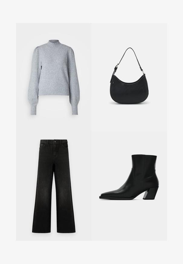 Pull en maille gris clair avec un col haut, de longues manches bouffantes et des poignets et un ourlet côtelés. Fait d'un tissu doux et texturé.; Jean noir à jambes larges en denim, avec une fermeture à bouton sur le devant, des passants de ceinture et quatre poches, au toucher lisse et avec un léger délavage.; Bottine en cuir noir avec un bout pointu, une silhouette élégante et un talon carré massif. Texture lisse avec des détails de couture minimalistes.; Sac hobo noir en cuir lisse avec une silhouette arrondie, doté d'une seule sangle ajustable et de détails de design minimalistes.