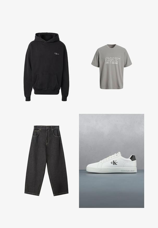 Schwarzer Kapuzenpullover mit Fronttasche und kleinem weißen Schriftzug in kursiver Schrift auf der linken Brust, der "Pegador" lautet.; Graues Baumwoll-T-Shirt mit kurzen Ärmeln und Rundhalsausschnitt, auf der Vorderseite mit weißem Drucktext "CNZ CORE - NINE ZERO".; Schwarze Denim-Hosen im Weitbein-Design mit gelben Nähten, fünf Taschen und einem mittelhohen Bund. Texturiertes Material mit glatter Oberfläche.; Weißer Ledersneaker mit glatter Oberfläche, Schnürdesign, abgerundeter Spitze und kontrastierendem schwarzem Fersenakzent. Die Gummisohle sorgt für Griffigkeit.