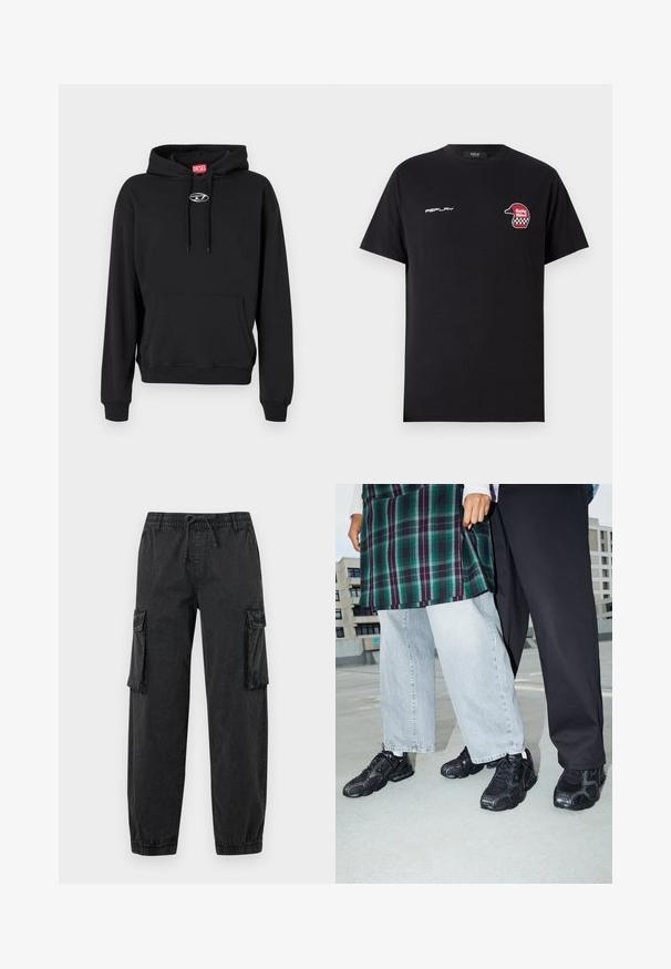 Mustast puuvillasegust kapuutsiga pusa, millel on esitasku, soonilised varrukasäärised ja rindkere piirkonnas hõbedane logo. Kapuutsil on paelad.; Replay SHORT SLEEVE GRAPHIC - Trükipildiga T-särk - black; Mustad mustad püksid tekstureeritud kangast, elastse vöökoha ja paelaga. Omab küljetaskuid ja elastseid varrukate otsi pahkluude juures.; Mustad mustad jalanõud, millel on võrkkangast ja kummist aktsendid. Kannab heledat halli laiade jalgadega teksapükse ja ruudulist rohelisest topi. Lame pind taust.